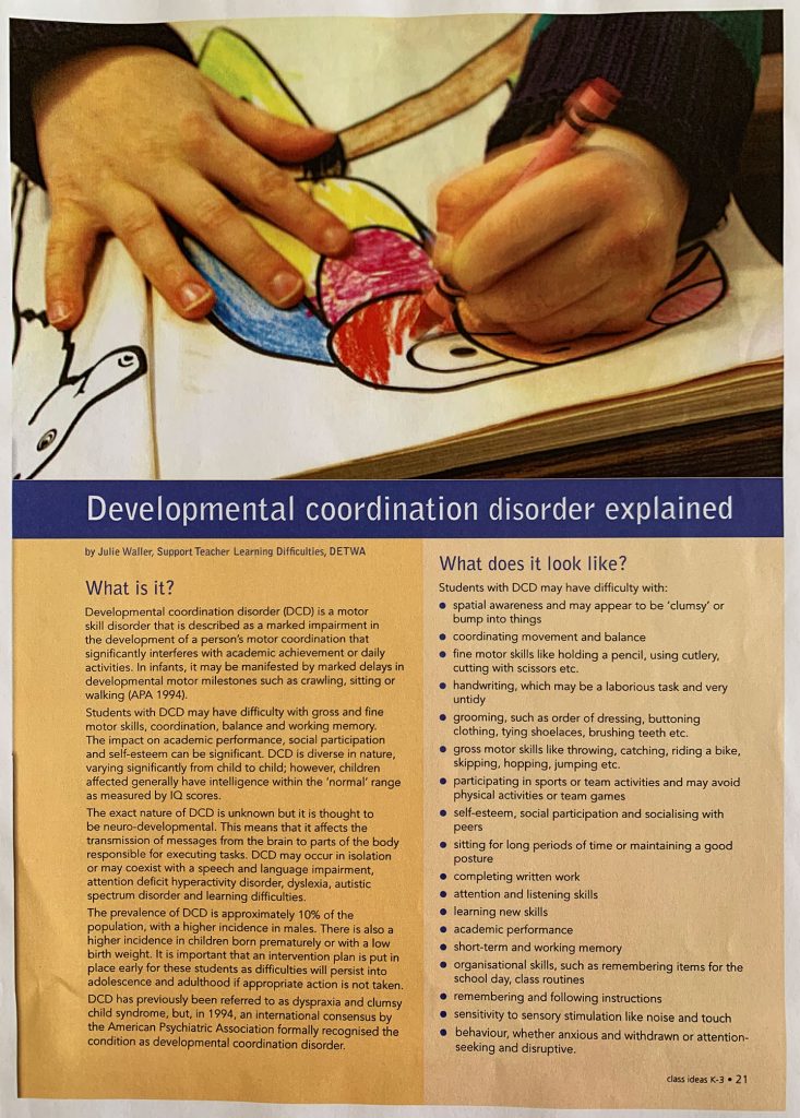 Julie Scali's feature in Class Ideas K to 3 on developmental coordination disorder, 2009